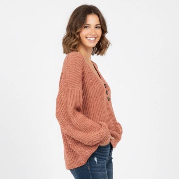 POL Oversized Button Front Knit Sweater Salmon Cozy S/M NWT - Picture 13 of 13